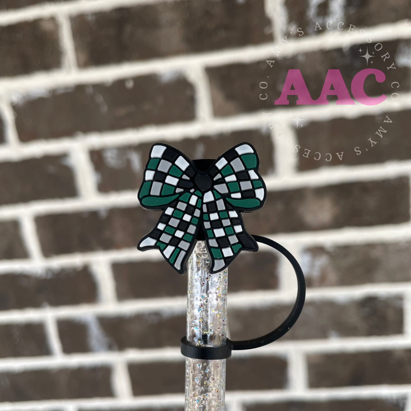 Green & Gray Checker bow- Straw Topper