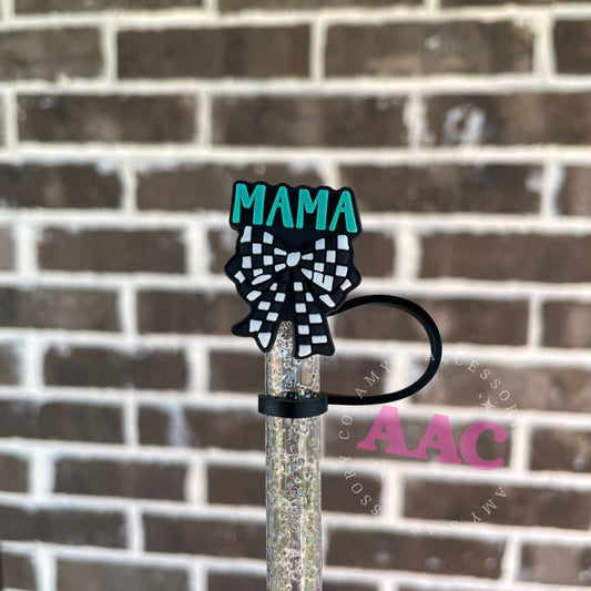 Teal Checker bow Mama Straw Topper