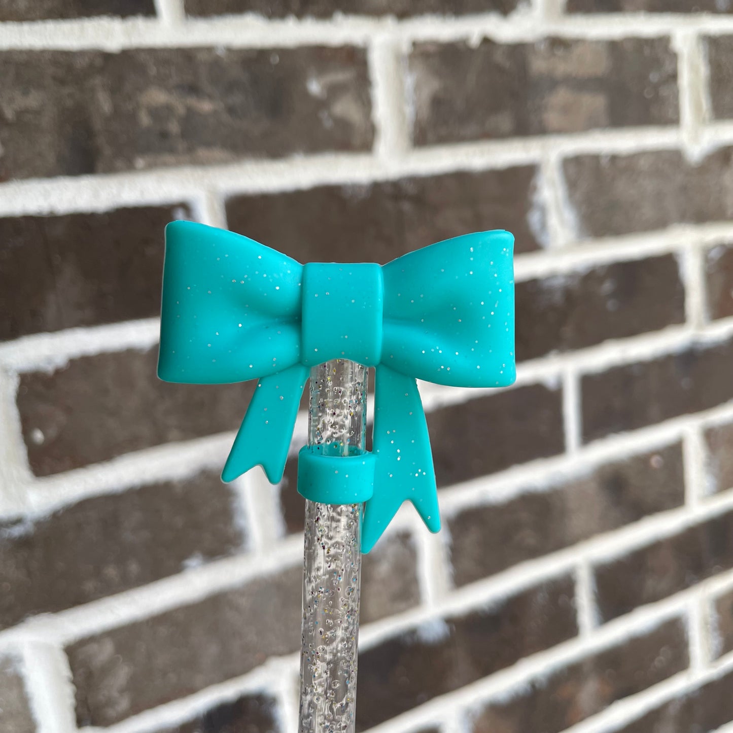 3D Bow Straw Topper Aqua glitter