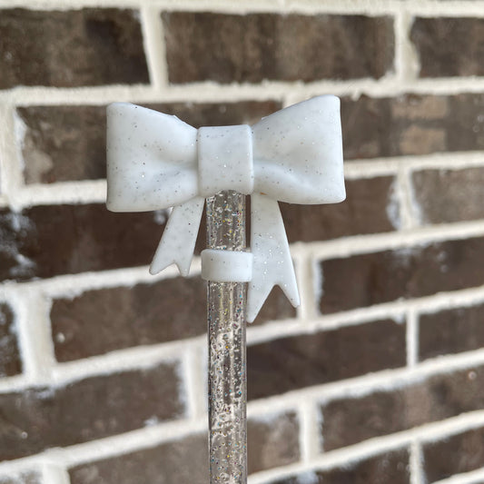 3D Bow Straw Topper white glitter